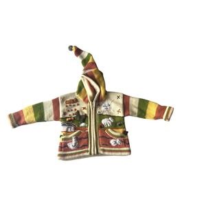 Hand Knitted Whimsical Farm Scene Hooded Zip Up Sweater 3-6 months